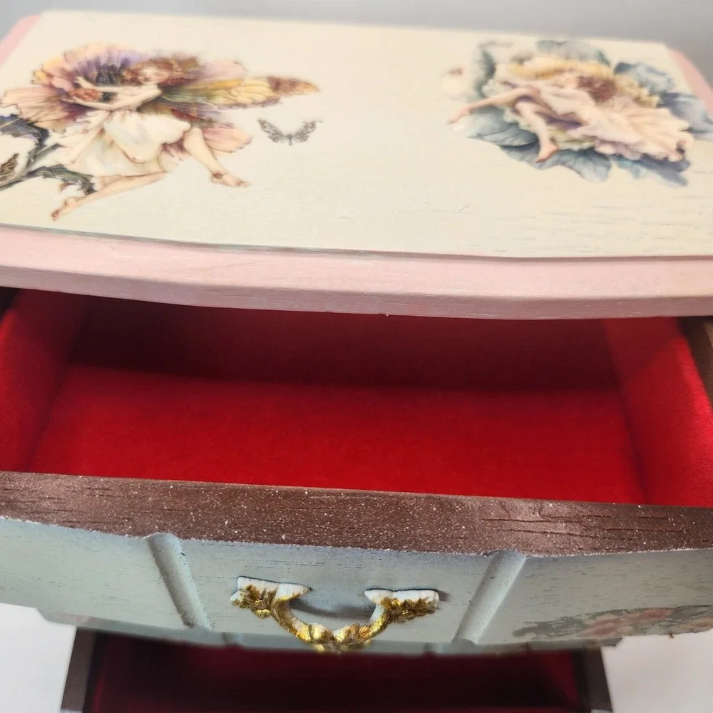 Vintage Fairy Jewelry Music Box 3 Drawer Chest and Matching 12in Vanity Tray Set